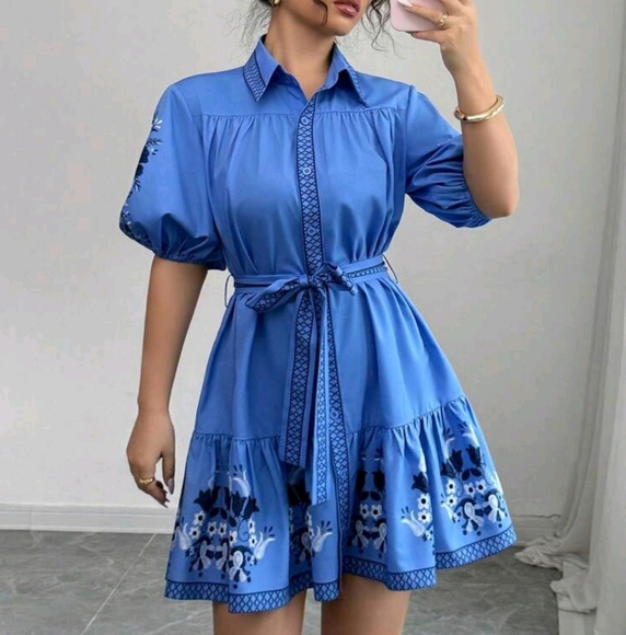 Dresses & Skirts - Locational Floral Print Short Sleeve Shirt Style Summer Dress